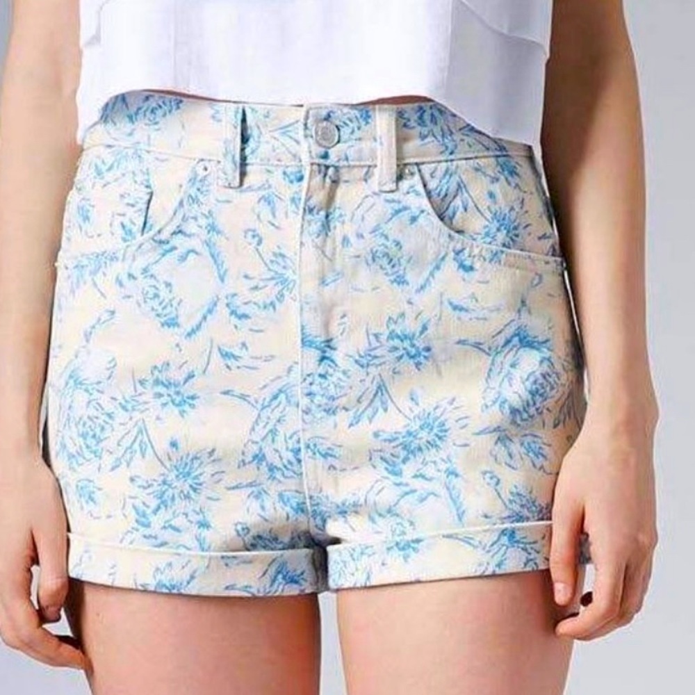 Topshop Moto Pastel Floral Mom Cream & Blue High Rise Denim Shorts Size 34